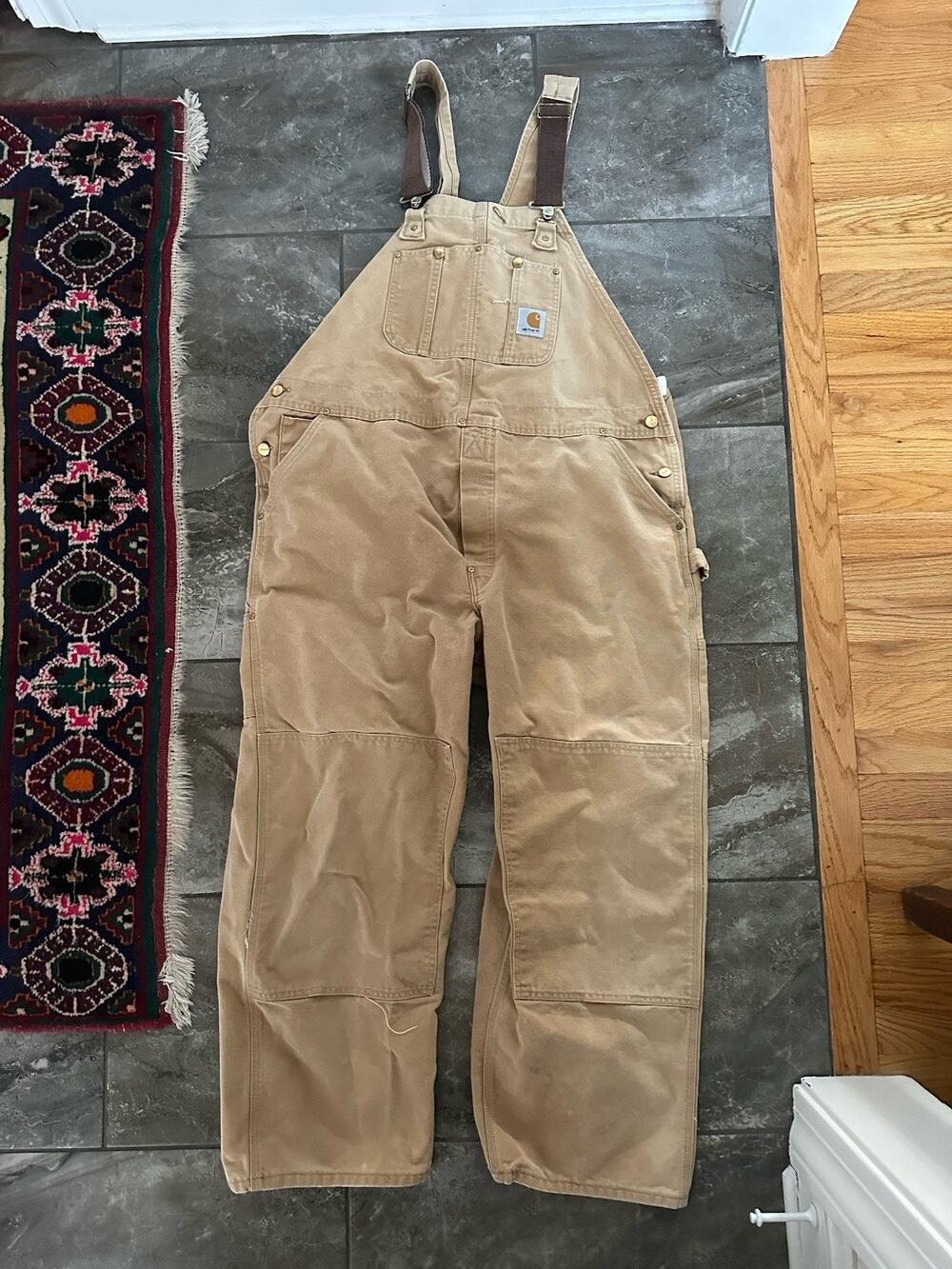 Carhartt Duck Bib Double Knee Men's 38 x 36 Brown Overall Bib R01 USA MADE